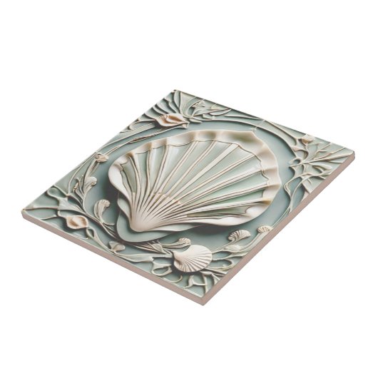 Seashell Art Nouveau Faux Relief Mint White Shell Tegeltje (Zijkant)