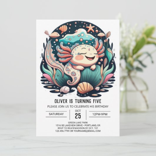 Seashell Axolotl Verjaardag uitnodiging (Staand voorkant)