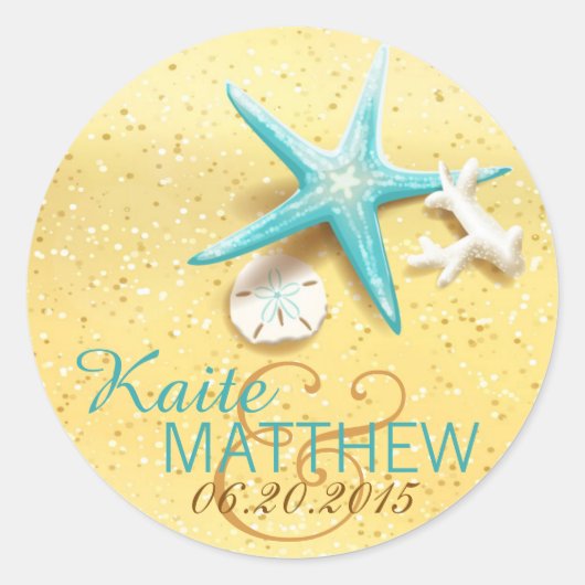 Seashell Beach Bestemming Trouwlabel Ronde Sticker (Voorkant)