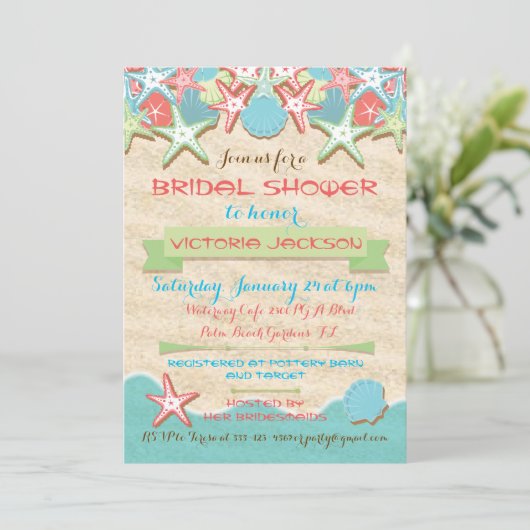 Seashell Beach Bruids Douche Uitnodigingen (Staand voorkant)