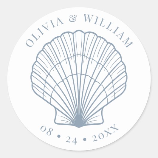Seashell Beach Bruiloft Kust Dusty Blue Ronde Sticker (Voorkant)