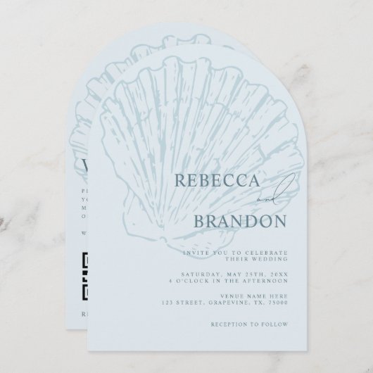 Seashell Beach Coastal Blue QR Code Arch Wedding Kaart (Voorkant / Achterkant)