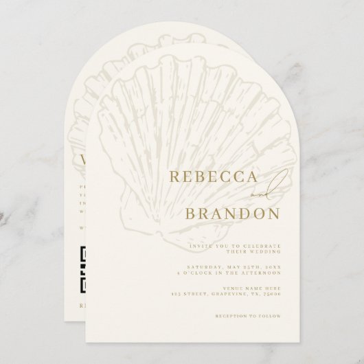 Seashell Beach Coastal Ivory & Gold Arch Wedding Kaart (Voorkant / Achterkant)
