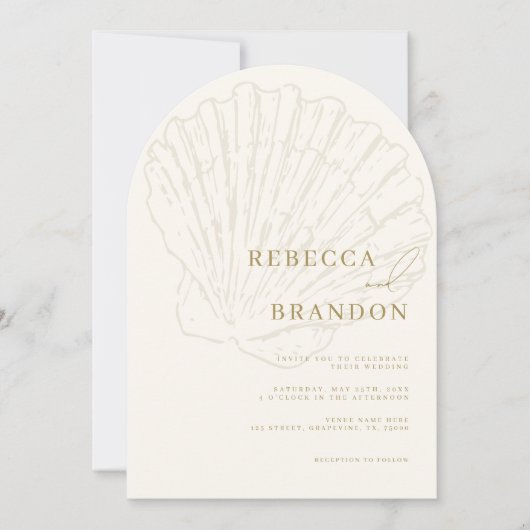 Seashell Beach Coastal Ivory & Gold Arch Wedding Kaart (Voorkant)