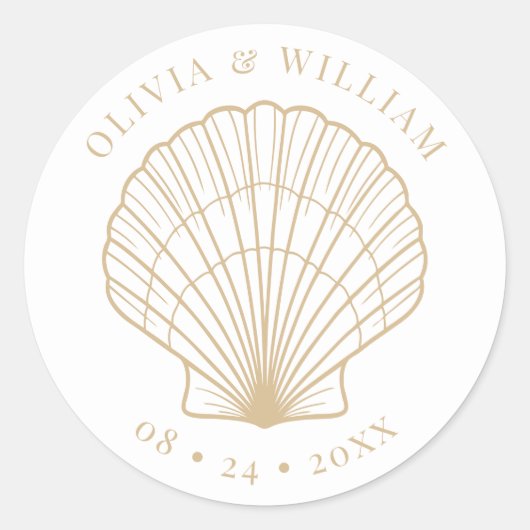 Seashell Beach Coastal Wedding Beige Ronde Sticker (Voorkant)