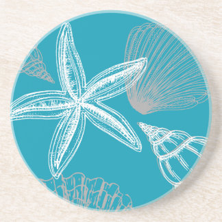 Seashell Beach House Aqua Blue Zeester Ronde Zandsteen Onderzetter