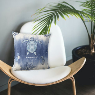Seashell Beach House Navy Zee Turtle Seahorse Naam Kussen