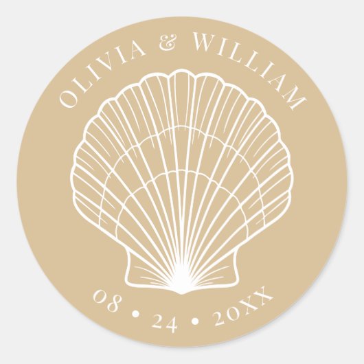 Seashell Beach Kust Beige bruiloft Ronde Sticker (Voorkant)