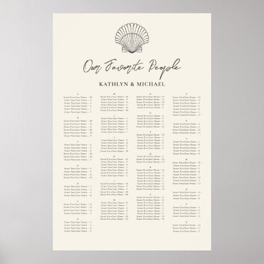 Seashell Beach Ocean Wedding Alfabetische zitplaat Poster (Voorkant)
