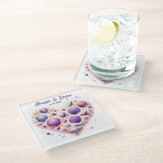 Seashell Beach Valentine Anniversary Names Glazen Onderzetter (Schuin)