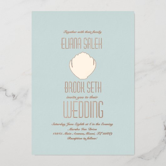 Seashell Beach Weddenschap Gedrukte Folie Uitnodig Folie Uitnodiging (Voorkant)