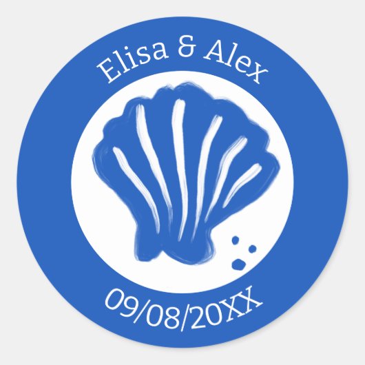 Seashell Beach Wedding Blauw Wit CUSTOM Ronde Sticker (Voorkant)
