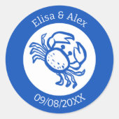 Seashell Beach Wedding Blauw Wit CUSTOM Ronde Sticker (Voorkant)