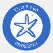 Seashell Beach Wedding Blauw Wit CUSTOM Ronde Sticker (Voorkant)