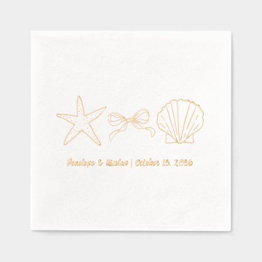 Seashell Beach Wedding Gold Folie Trouwservetten Folie Servetten (Voorkant)