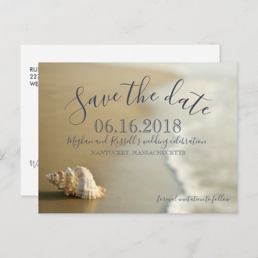 Seashell Beach Wedding Save the Date Briefkaart (Voorkant / Achterkant)