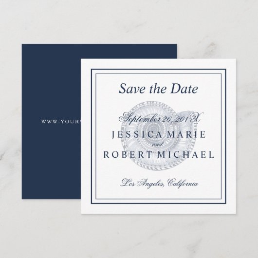 Seashell Beach Wedding Save the Date Square - Navy (Voorkant / Achterkant)