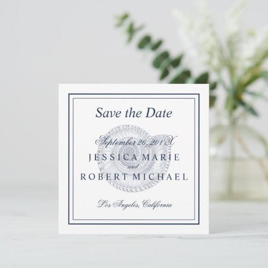 Seashell Beach Wedding Save the Date Square - Navy (Staand voorkant)