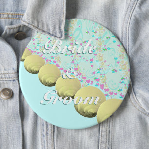 Seashell Blauw Geel Strand Bruid en Bruidegom Badg Ronde Button 6,0 Cm