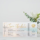 Seashell Boarding Pass Ticket Beach Weddenschap Save The Date (Staand voorkant)