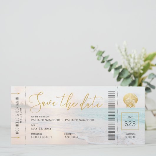 Seashell Boarding Pass Ticket Beach Weddenschap Save The Date (Staand voorkant)