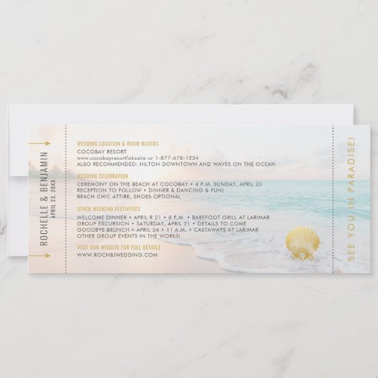Seashell Boarding Pass Ticket Beach Weddenschap Save The Date (Achterkant)
