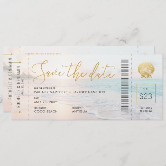 Seashell Boarding Pass Ticket Beach Weddenschap Save The Date (Voorkant / Achterkant)