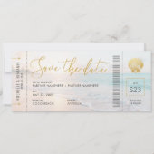 Seashell Boarding Pass Ticket Beach Weddenschap Save The Date (Voorkant)