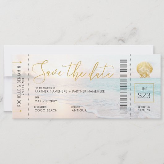 Seashell Boarding Pass Ticket Beach Weddenschap Save The Date (Voorkant)
