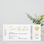 Seashell Boarding Pass Ticket Beach Weddenschap Save The Date (Staand voorkant)