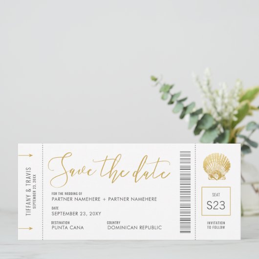 Seashell Boarding Pass Ticket Beach Weddenschap Save The Date (Staand voorkant)