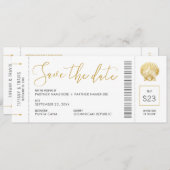 Seashell Boarding Pass Ticket Beach Weddenschap Save The Date (Voorkant / Achterkant)
