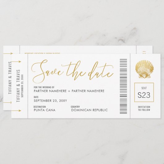 Seashell Boarding Pass Ticket Beach Weddenschap Save The Date (Voorkant / Achterkant)