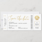 Seashell Boarding Pass Ticket Beach Weddenschap Save The Date (Voorkant)