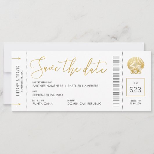Seashell Boarding Pass Ticket Beach Weddenschap Save The Date (Voorkant)