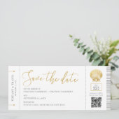 Seashell Boarding Pass Ticket Beach Weddenschap Save The Date (Staand voorkant)