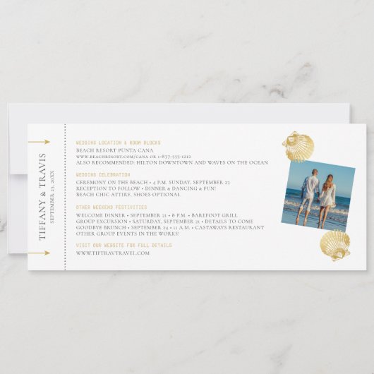 Seashell Boarding Pass Ticket Beach Weddenschap Save The Date (Achterkant)