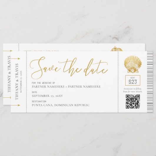 Seashell Boarding Pass Ticket Beach Weddenschap Save The Date (Voorkant / Achterkant)