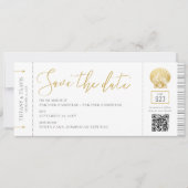 Seashell Boarding Pass Ticket Beach Weddenschap Save The Date (Voorkant)