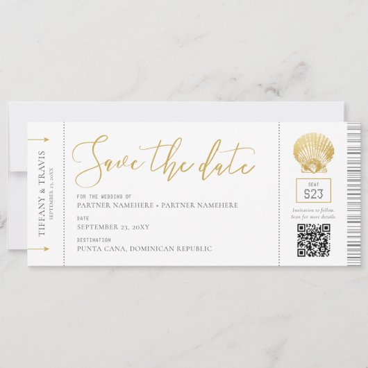 Seashell Boarding Pass Ticket Beach Weddenschap Save The Date (Voorkant)