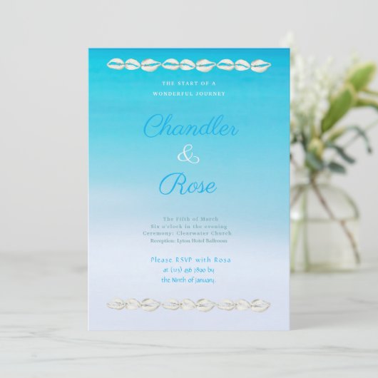 Seashell Borders Beach Wedding Invitation Kaart (Staand voorkant)