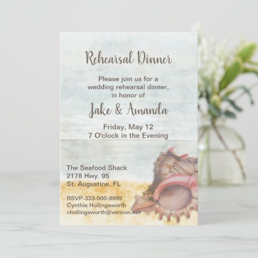 Seashell bruiloft repetitie diner kaart (Staand voorkant)