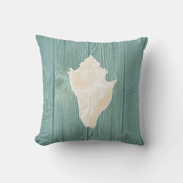Seashell Cream  Aqua Wood Pillow Kussen (Voorkant)