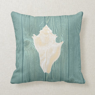 Seashell Cream  Aqua Wood Pillow Kussen