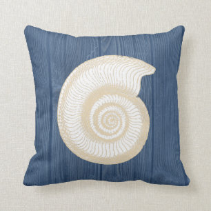 Seashell Cream  Blue Wood Pillow Kussen