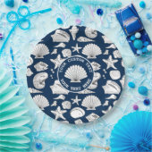 Seashell Custom Nautical Navy Blue 9" Papieren Bordje (Feest)