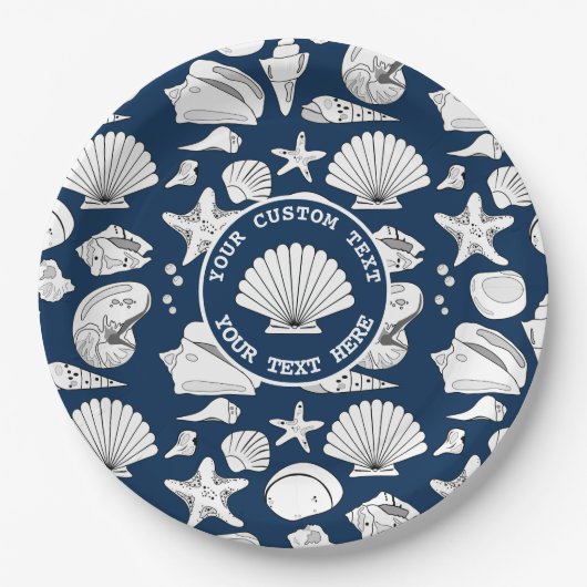 Seashell Custom Nautical Navy Blue 9" Papieren Bordje (Voorkant)