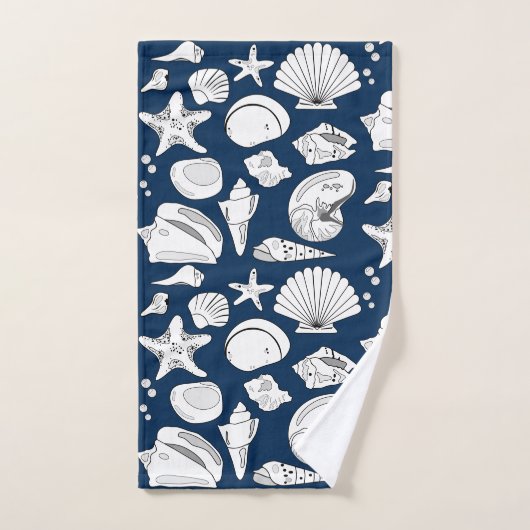 Seashell Drawing White Navy Blue Nautical Bad Handdoek (Handdoek)