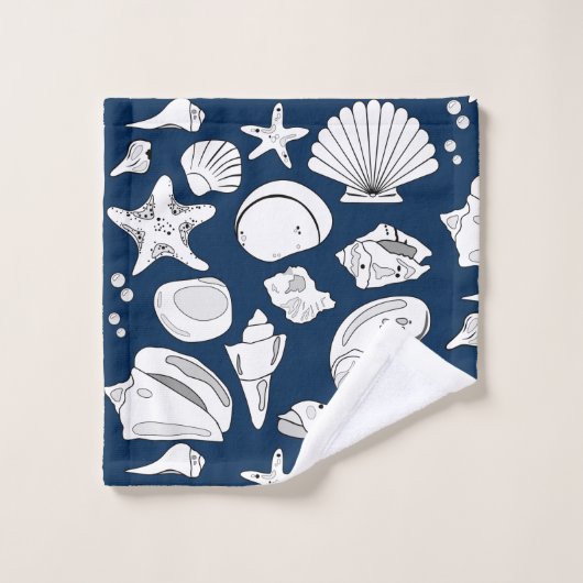 Seashell Drawing White Navy Blue Nautical Bad Handdoek (Wasdoekje)