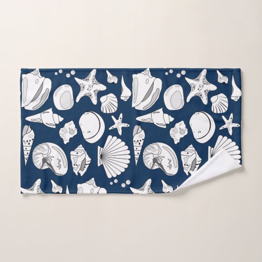 Seashell Drawing White Navy Blue Nautical Bad Handdoek (Handdoek)